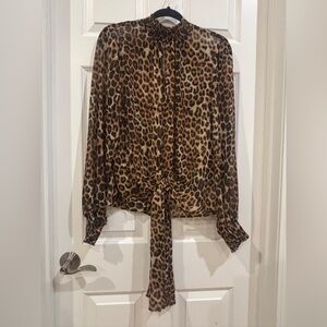 Express Brown and Black Leopard Print Blouse with Tie Front